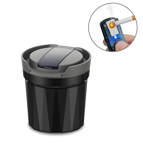 Image of Car Ashtray Detachable Ceramics with Lid Blue Led Light with Removable Lighter USB Charging for Most Car Cup Holder (Grey)