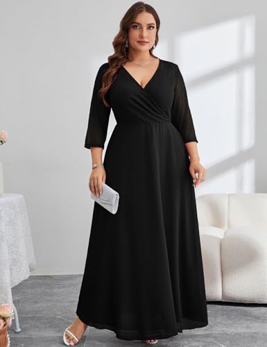 ZOMVA Plus Size Maxi Formal Dress Lace Chiffon Floral V-Neck Wrap Wedding Guest Evening Gown Cocktail Prom 3/4 Sleeves3
