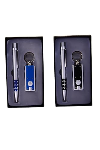 Vasara Lote de 20 Set de Bolí­grafo y Llavero con Linterna en Caja de Madera 10 Negros y 10 Azules   Detalles Originales Invitados de Bodas, Regalos Comuniones y Recuerdos para Cumpleaños Infantiles