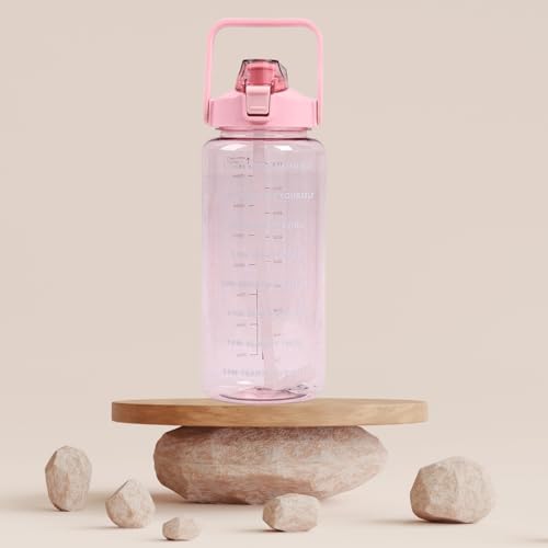 Image of RABBY 2L Motivational Water Bottle for Kids & School Use | Time Marker, BPA-Free, Leakproof Straw Lid, Carry Strap | Plastic Water Bottle for Travel, Sports, Gym, Office (Pink 1Pcs)