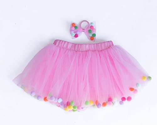 HIYANSH Pom Pom Tutu and Bow Hair Tie, Birthday Smash Cake Skirt| Baby and Toddlers (0M-8T) Ultra Soft Tutu Skirt (2-3 Years, Pink)