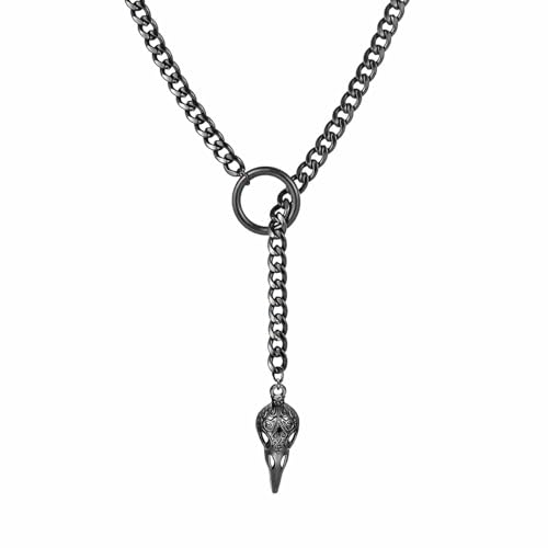 ZDPIQ Slip Chain Choker for Women Handmade Black Stainless Steel Cuban Chain Chunky Moon Bat Raven Skull Pendant Gothic Punk Rock Collar Adjustable Lariat Y Necklace for Men (Raven skull)
