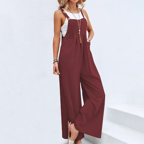 Image of Kubbon Womens Wide Leg Jumpsuits Sleeveless Straps Bib Overalls Summer Baggy Casual Pants Rompers Overalls with Pockets
