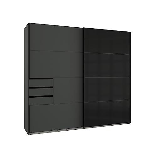 Lomadox Schlafzimmer Set mit Schubkastenkommode, 2-türigem Kleiderschrank mit Schwebetüren, Bett 160x200cm inkl. mit Nachtkommoden mit LED, Schlafzimmermöbel in Graphit mit schwarz – Bild 3