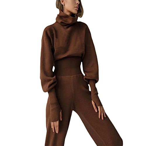 Ensemble pull tricoté col roulé d'une douceur exceptionnelle avec pantalon en maille rose