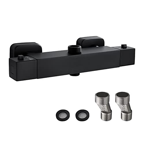 Namuoto Termostato para Columna de Ducha, Grifo Termostatico Ducha con BotóN de Seguridad 38℃, Grifo de Ducha Termostatico, Salida Superior de 3/4' Bsp Inferior de 1/2' Bsp, LatóN, Negro