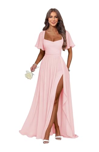 AKMESXAY Light Pink Pleated Chiffon Short Sleeve Bridesmaid Dresses for Women Ruffle Slit Cowl Neck Floor Length A Line Formal Evening Dresses Size 8