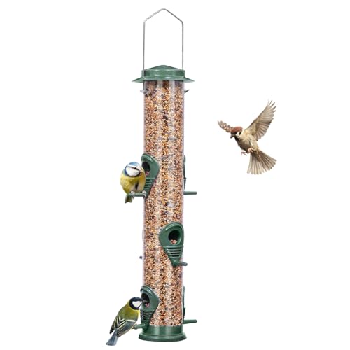ERYTLLY Metal Bird Feeders 6 Port Tube Bird Feeder for Wild Birds, 1.4mm Extra Thick Solid Tube Transparent with Steel Hanger Bird Feeders 16.5 Inch for Outside