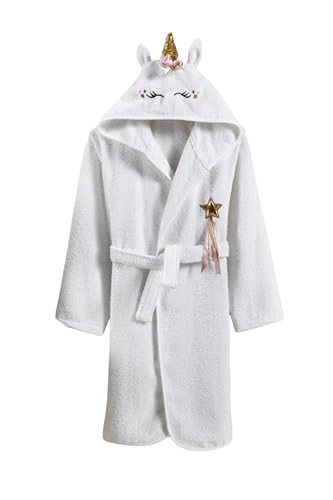 ELY PARKER Bademantel Kinder Frottee, Mädchen, Handtuch aus Türkischer Baumwolle, mit Kapuze, Einhorn, Weiß (9-10 Jahre) Superweich, Saugfähig, Bequem, Dick