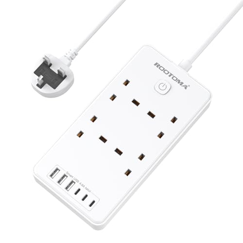 Extension Lead with 6 USB Slots (3 USB C) 4 Way Surge Protected Extension Lead 1.5M with Switch Wall Mounted Multi Plug Power Strip for Home Bedroom Kitchen Office White