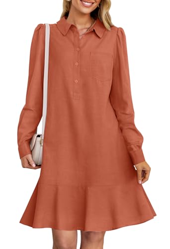MEROKEETY Women's Casual Shirt Dress Long Sleeve Button Down Ruffle Flowy Tunic Shift Mini Dresses, Caramel, XL