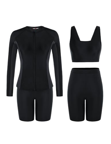 Image of JACK SMITH Women's 3 Piece Long Sleeve Rash Guard Swimsuits Zip Front Bathing Suit Tankini Swimsuits UPF 50
