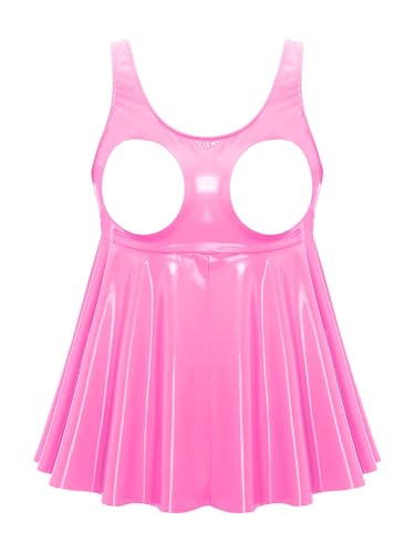 FEESHOW Damen Wetlook Brust Dessous Lack Leder Minikleid Tank Shirt Erotische Babydoll Negligee Reizwäsche Rosa L