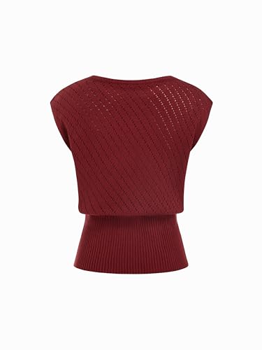 Image of CIDER Summer Short Sleeve Crop Sweater Vest Women Boat Neck Cut Out Tops | Cinched Waist, Light Weight, Ribbed Knit Tops, Hollow Out Crochet Vest, Going Out Trendy Tee