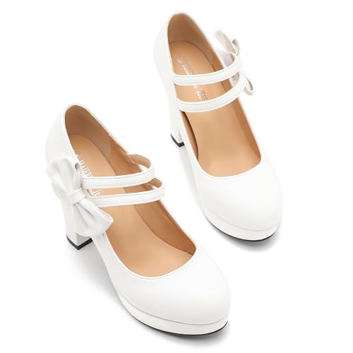 Image of MAIERNISI JESSI Women's Platform Mary Jane Pumps with Bow, 3.94 Inch Block Heel Dress Shoes