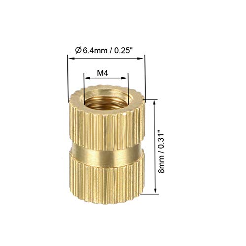 Image of uxcell Knurled Threaded Insert, M4 x 8mm (L) x 6.4mm (OD) Female Thread Brass Embedment Nuts, Pack of 50