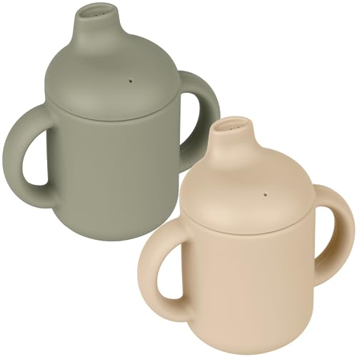 Image of Mintlyfe Baby Sippy Cup, 2 Pack of Silicone Trainer Cup Toddler for Boys and Girls, Unbreakable, Spill Proof and Two Handle Learner Cup Sippy Cup for Toddlers, 4oz (Shifting Sand/Sage)