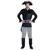 Munweiyu Costume da pirata da uomo, per Halloween, medievale, camicia da pirata, pantaloni, cappello, gilet, cintura, copristivali, costume di carnevale, costume da pirata, set di abbigliamento per