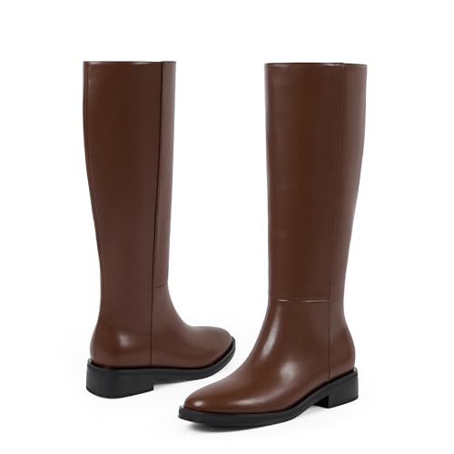 Image of Modatope Knee High Boots Women Round Toe Chunky Heel Fall Boots | Womens Low Flat Heel Long Boots with Side Zipper, Fashion Riding Boots Fall Winter