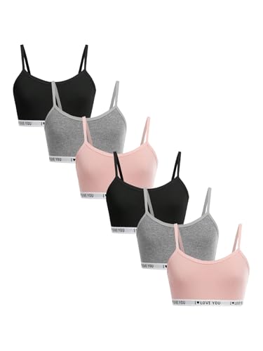 OYOANGLE Girl's Training Bras 6 Piece Letter Graphic Spaghetti Strap Non Padding Workout Sports Bra Cami Bralette