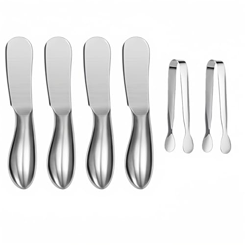 Accfore Juego de cuchillos esparcidores, 6 cuchillos esparcidores de queso y mantequilla, mini pinzas para servir, cuchillos de mantequilla multiusos de acero inoxidable (plateado)