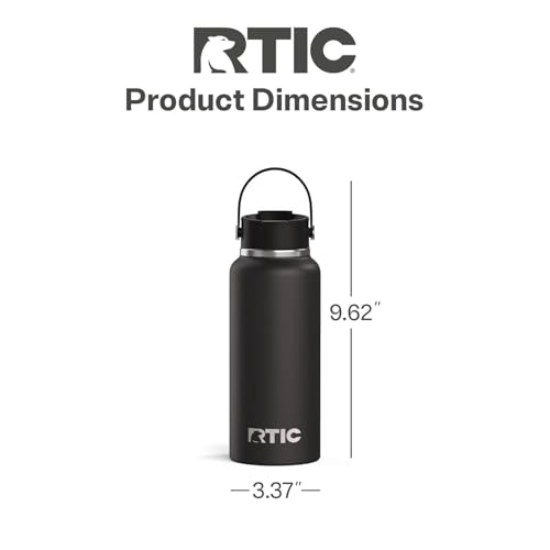 RTIC 32oz Outback Water Bottle, Ceramic Lined, Insulated, Stainless Steel, Double Wall Vacuum-Insulation, Leak-Proof Lid, BPA-Free Water Flask Hiking, Running, Sports, Outdoor, Black