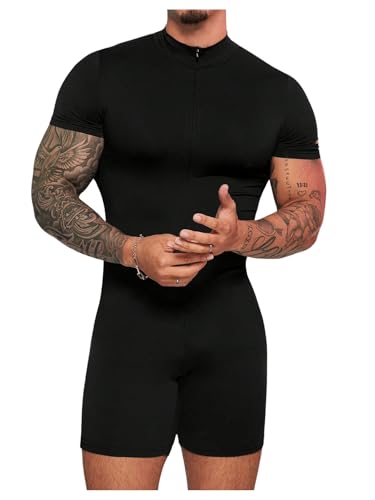 SHENHE Men's Short Sleeve Mock Neck Bodysuit Full Body Zip Up Leotard Slim Fit Jumpsuits