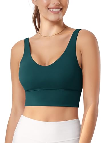 ODODOS Women's Longline U-Back Sports Bra V-Neck Padded Yoga Workout Wirefree Tank Top, Forest Teal...