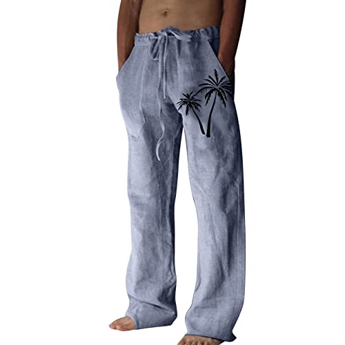Mymyguoe Pantalones de lino para hombre, pantalones largos de verano de gran tamaño, con impresión, pantalones de algodón, pantalones de deporte, transpirables, pantalones de entrenamiento, holgados,