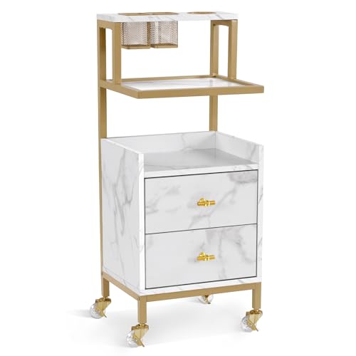 BarberPub Rolling Salon Cart with Storage Drawers, Barber Trolley with Metal Tool Holder & Basket, Beauty Salon Equipment for Hair Stylist 2084 (White)