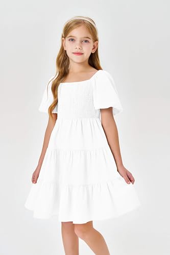 Batermoon Girls Boho Square Neck Puff Sleeve Off Shoulder Smocked Tiered Casual A Line Short Mini Dress2