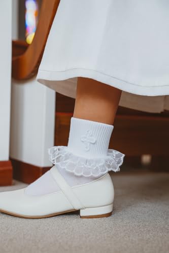 TipTop Girls White Baptism First Communion or Christening Socks with Cross and Ruffle2
