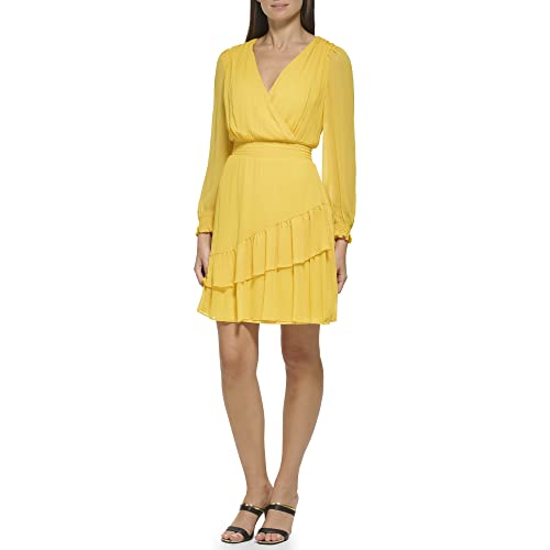 Image of DKNY Women's Long Sleeve Tiered Ruffle Smocked Waist Mini Dress