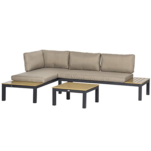 Outsunny 3 Pz Set da Giardino con 2 Divani a 2 Posti con Cuscini Imbottiti e 1 Tavolino da Caffè, Colore Grigio e Legno Naturale