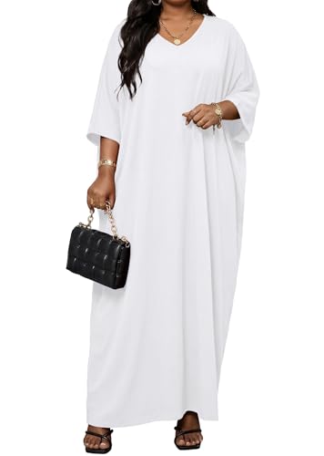 Image of Runwind Plus Size Maxi Dress for Women Short Sleeve V Neck Casual Long Dresses with Pockets