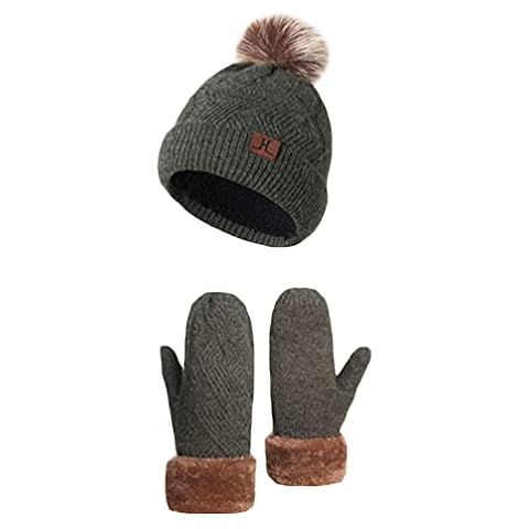 CAMLAKEE Womens Hat and Gloves Set, Ladies Thermal Winter Fleece Lined Bobble Hat with Faux Fur Pom Pom Mittens Set Army Green Cover