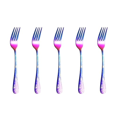 Image of 6.7 inch Rainbow Salad Forks with Floral Printed Handle | Set of 5 Durable Stainless Steel Fruit Forks | Mirror Polished Silverware for Home, Restaurants, and Gift Giving