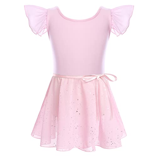 Gymnastik Trikots für Mädchen Ballettkleidung Kinder Ballett Tanz Kleid Bodysuit mit Chiffon Wrap Rock Baumwolle Criss-Cross U-Rücken Tütü Tanzoutfit Rhythmische Sportgymnastik Anzug Rosa 5-6 Jahre