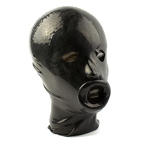 Rubberfashion Latex Lippen Maske Frau anatomisch, Latexmaske Haube mit Öffnungen für Augen und Mund für Frauen schwarz Einheitsgröße