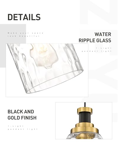 Image of zeyu 2 Pack Modern Kitchen Pendant Lighting Over Island, Hanging Light Fixture for Dining Room, Water Ripple Glass Shade, Black and Gold Finish, ZG33M1L-2L BK+BG-WG