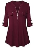 Amrto Damen V-Ausschnitt Bluse 3/4 Ärmel Tunika Reißverschluss Langshirt Langarm Hemd Tops T-Shirt Oberteile, Weinrot XXX-Large