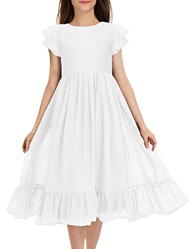 MITILLY Girls Elegant Lace Flower Crew Neck Ruffle Chiffon A-Line Flowy Birthday Party Midi Dress