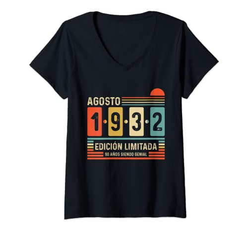 Mujer 90 Años Agosto 1932 Leyenda Regalo 90 Cumpleaños Camiseta Cuello V