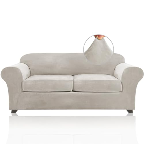PrinceDeco Couch Cover Velvet Plush Sofa Covers for 2 Cushion Couch Width Up to 90 Inch Washable Furniture Protector Pet Friendly No Slip Sofa Slipcover(Medium-Large, Oatmeal)