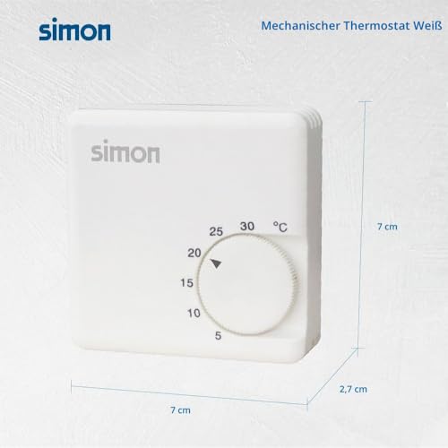 Simon – Mechanischer Thermostat für Heizung, Temperaturregelung 5 °C–30 °C, Aufputzmontage mit 2 Drähten, 10 A, 250 V, analoger Wandthermostat, Weiß
