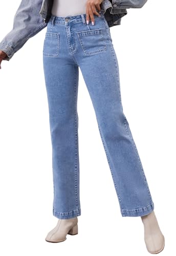 Womens Wide Leg Jeans High Waisted Stretchy Straight Leg Jeans Trendy Loose Denim Pants with Pockets