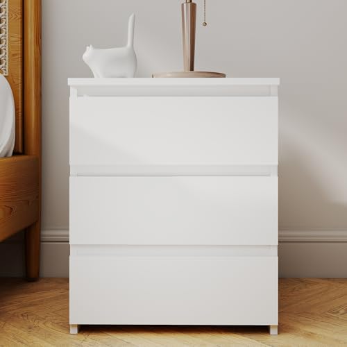 Image of Modern Nightstand Bedside Table with 3 Drawers, End Table Sofa Side Table with Cut-Out Handle for Bedroom (1, White)