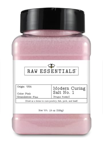 Raw Essentials Curing Salt No. 1 – 6.25% Sodium Nitrite for Curing Meats – Ideal for Bacon, Sausage, Jerky, Ham, and Corned Beef – Great for Brining & Pickling – Vegan – 19 Ounce Bottle