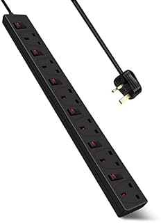 EXTRASTAR 6 Way Extension Lead 1M, 13A Fused Extension Socket with Individual Switch and Indicator Light, Wall Mounted Plug Extension Black for Home and Office