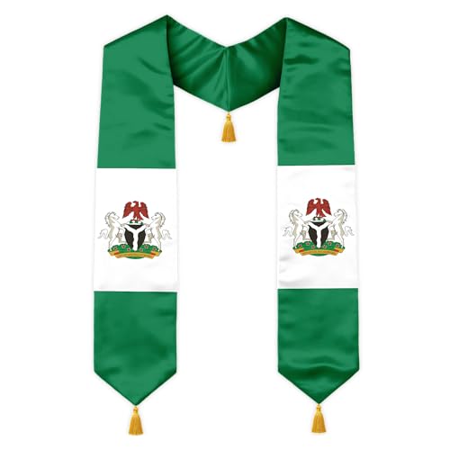 YYLXIA Nigerian Graduation Stole Class of 2026 Nigeria Flag Sash V-Neck Flat Back Design for High School College University Ceremony Smooth Satin 72 Inch with Gold Tassels